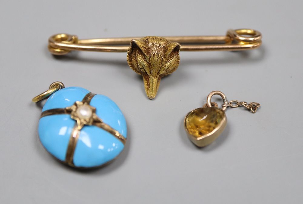 A Victorian yellow metal, turquoise and seed pearl set mourning pendant, 19mm, bar brooch & pendant.